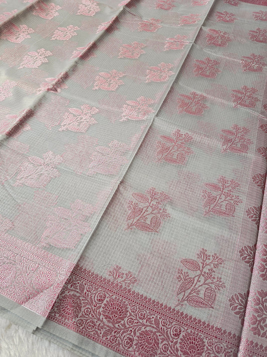 Banarasi Elegant Pearl Grey Kota Cotton Silk Saree with Pink Zari Floral Buttis & Designer Woven Border