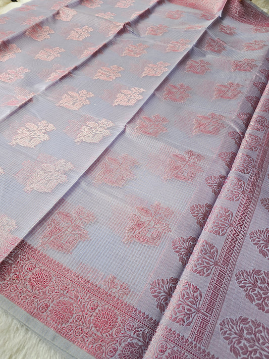 Banarasi Elegant Lavender Kota Cotton Silk Saree with Pink Zari Floral Buttis & Designer Woven Border