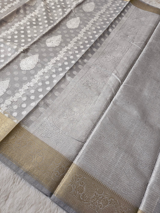 Banarasi Elegant Silver Grey Kota Cotton Silk Saree with thread Buttis & Rich Zari Woven Border