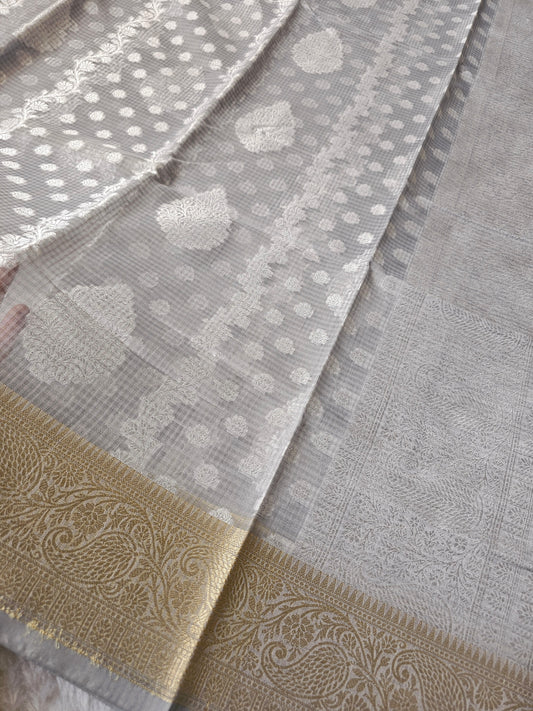 Banarasi Elegant Silver Grey Kota Cotton Silk Saree with thread Buttis & Rich Zari Woven Border