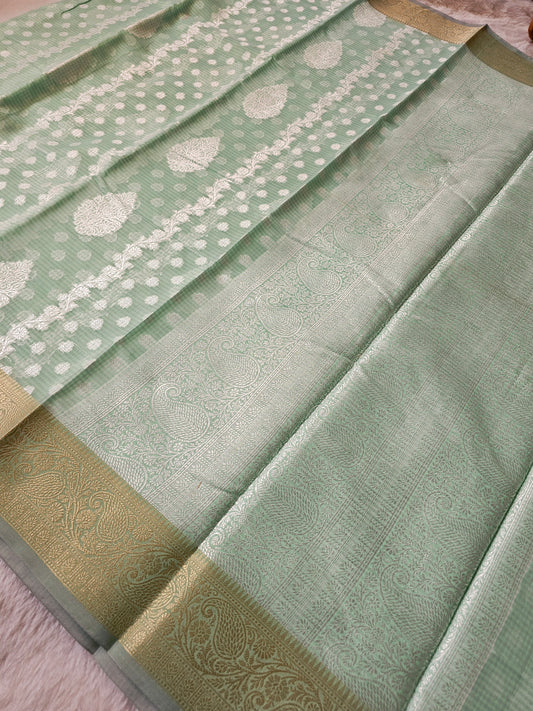 Banarasi Elegant Silver Grey Kota Cotton Silk Saree with thread Buttis & Rich Zari Woven Border