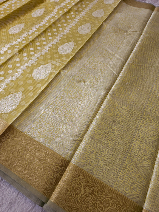 Banarasi Elegant Mustard Yellow Kota Cotton Silk Saree with Silver Zari Buttis & Rich Paisley Woven Border