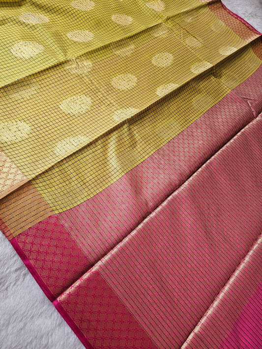 Banarasi Premium Cotton Silk Saree with Gold Buti, Mustard Checked Body & Rani Pink Contrast Pallu