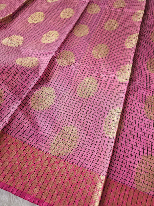 Banarasi Premium Cotton Silk Saree with Pink Checked Weave, Gold Zari Buti & Rich Contrast Pallu