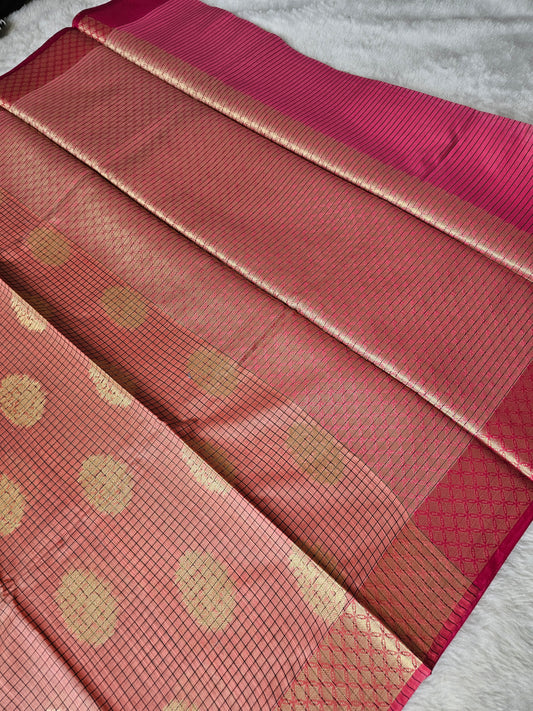 Banarasi Premium Cotton Silk Saree with Peach Checked Weave, Gold Zari Buti & Rani Pink Contrast Pallu