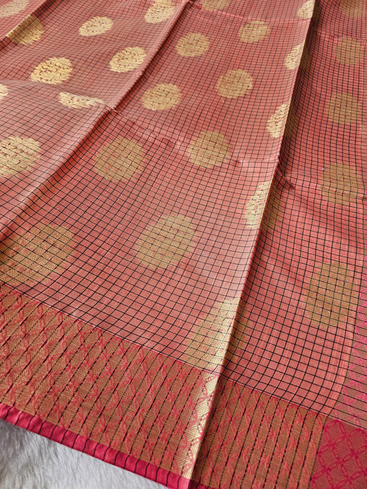 Banarasi Premium Cotton Silk Saree with Peach Checked Weave, Gold Zari Buti & Rani Pink Contrast Pallu