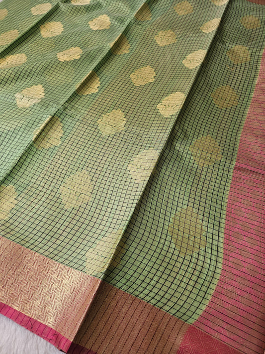 Banarasi Premium Cotton Silk Saree with Sage Green Checked Weave, Gold Zari Buti & Rose Pink Contrast Pallu