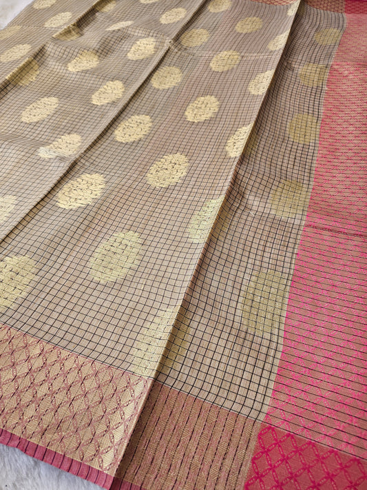 Banarasi Premium Cotton Silk Saree with Beige Checked Weave, Gold Zari Buti & Rani Pink Contrast Pallu