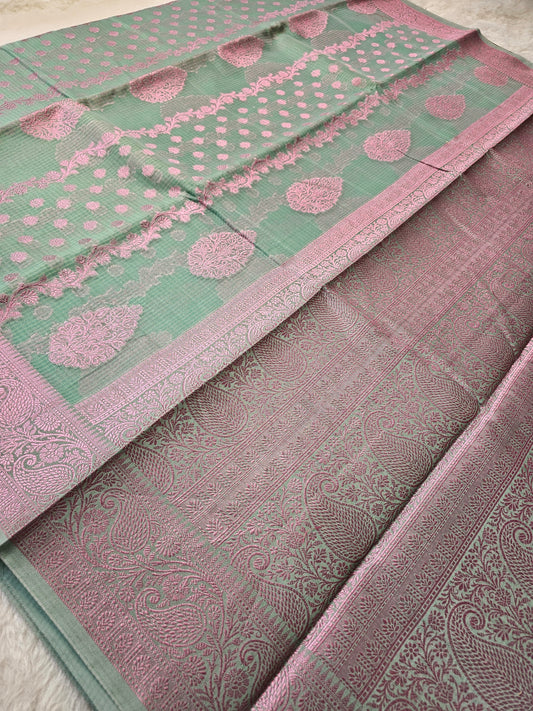 Banarasi Premium Kota Cotton Silk Saree with Mint Green Body, Pink Meena Buti & Rich Banarasi Woven Pallu