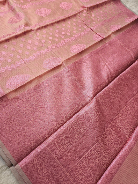 Banarasi  Premium Kota Cotton Silk Saree with Peach Body, Pink Meena Buti & Rich Banarasi Woven Pallu