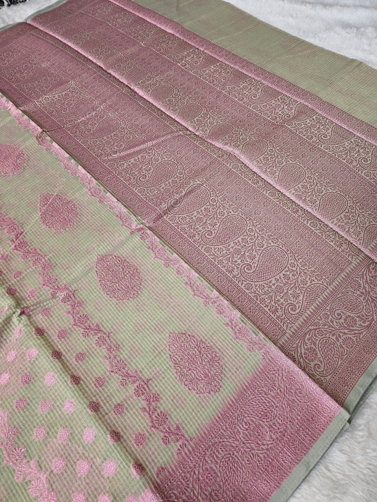 Banarasi Premium Kota Cotton Silk Saree with Pistachio Green Body, Pink Meena Buti & Banarasi Jacquard Pallu