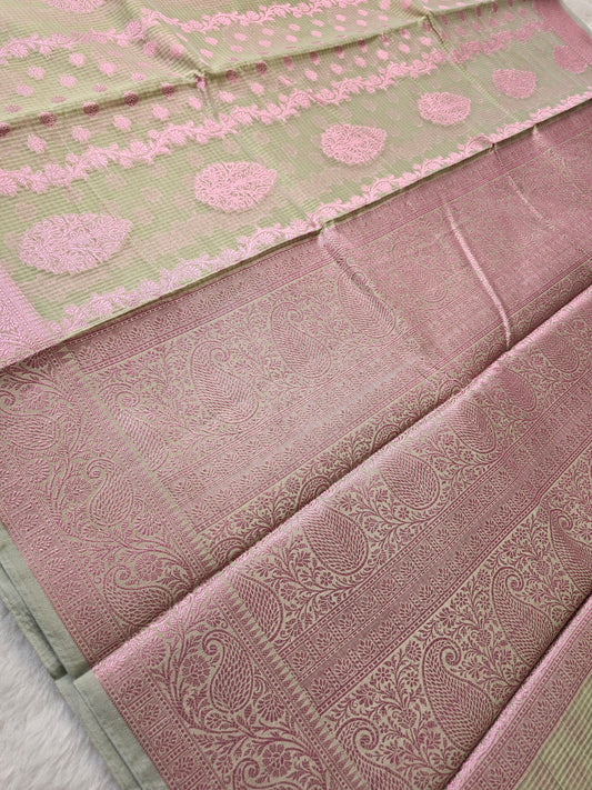 Banarasi Premium Kota Cotton Silk Saree with Pistachio Green Body, Pink Meena Buti & Banarasi Jacquard Pallu