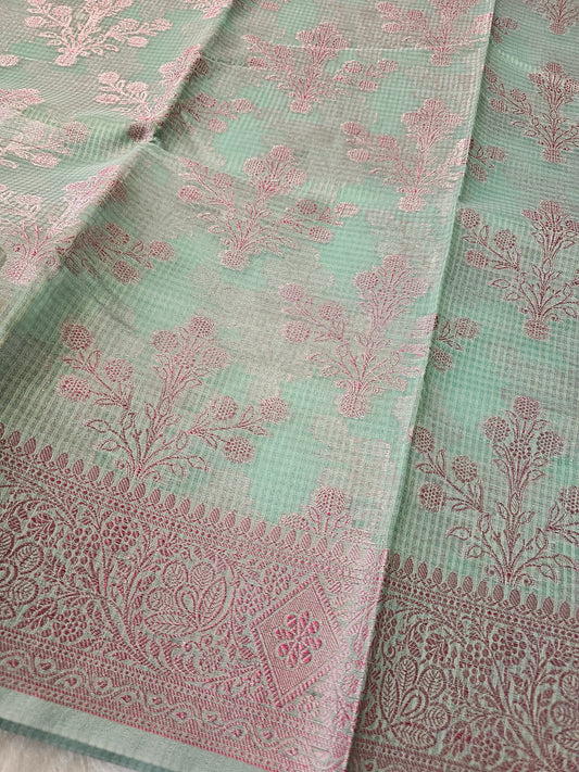 Banarasi Premium Kota Cotton Silk Saree with Mint Green Body, Pink Meena Buti & Rich Banarasi Woven Pallu