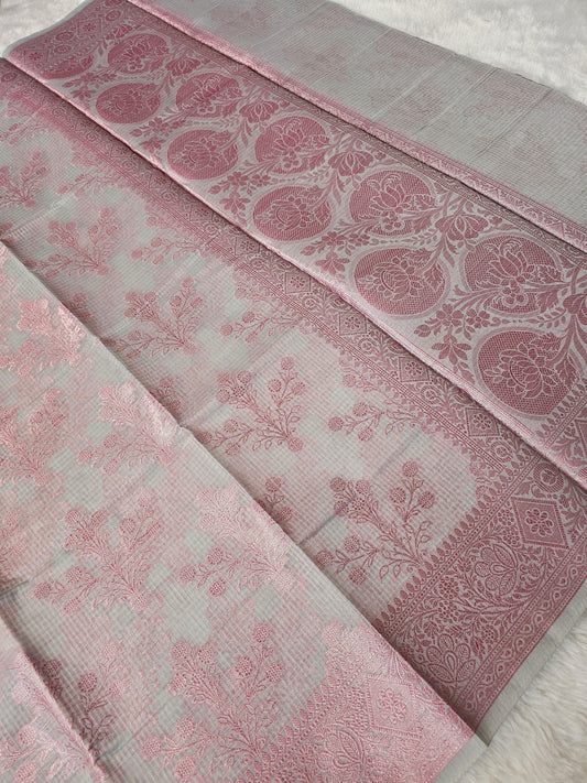 Banarasi Premium Kota Cotton Silk Saree with Pink Meena Buti, Silver Zari Border & Rich Woven Pallu