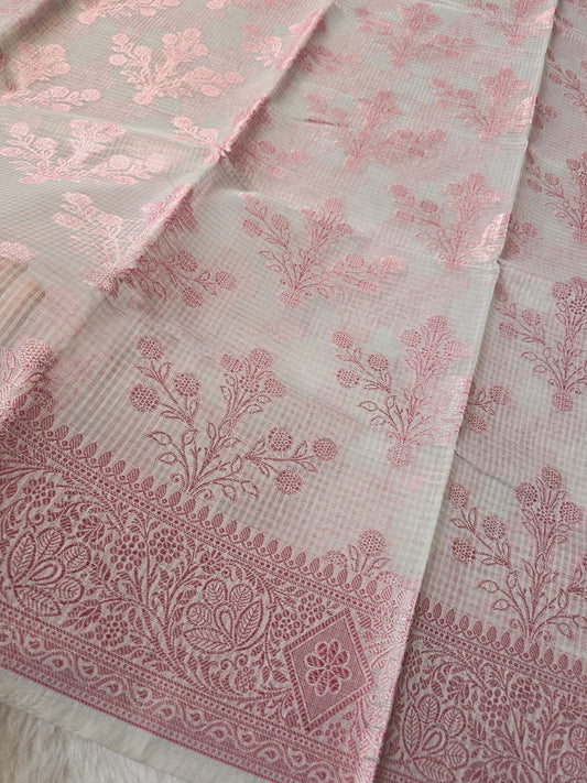 Banarasi Premium Kota Cotton Silk Saree with Pink Meena Buti, Silver Zari Border & Rich Woven Pallu