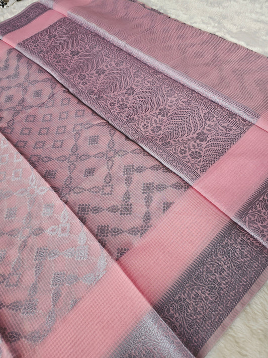 Banarasi Premium Kota Cotton Silk Saree with Soft Pink Body, Silver Floral Weaving & Designer Jacquard Pallu