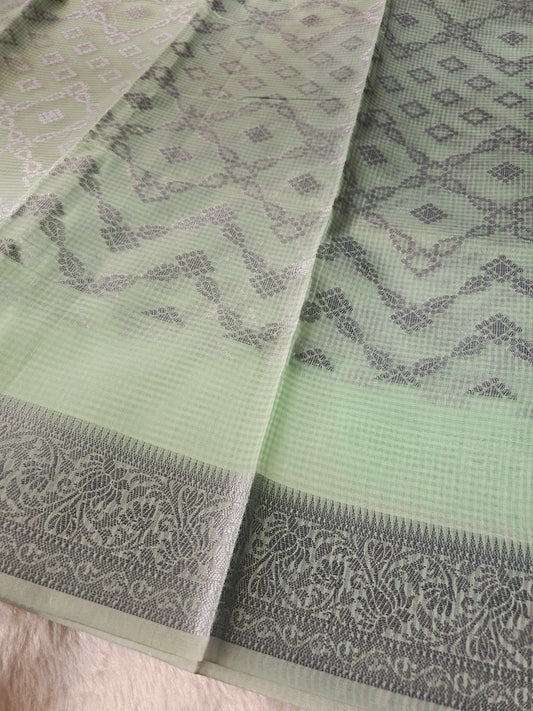 Banarasi Premium Kota Cotton Silk Saree with Mint Green Body, Silver Floral Weaving & Designer Jacquard Pallu