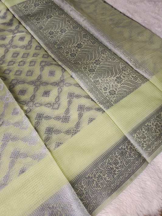 Banarasi Premium Kota Cotton Silk Saree with Pastel Yellow Body, Silver Floral Weaving & Designer Jacquard Pallu