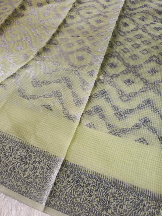 Banarasi Premium Kota Cotton Silk Saree with Pastel Yellow Body, Silver Floral Weaving & Designer Jacquard Pallu