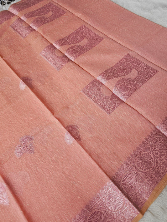 Banarasi Premium Linen Cotton Silk Saree with Peach Body & Elegant Woven Paisley Border