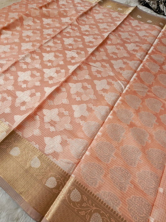 Banarasi Premium Kota Resham Cotton Silk Saree with Peach Floral Weaving & Rich Zari Border