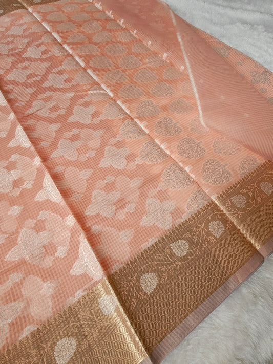 Banarasi Premium Kota Resham Cotton Silk Saree with Peach Floral Weaving & Rich Zari Border