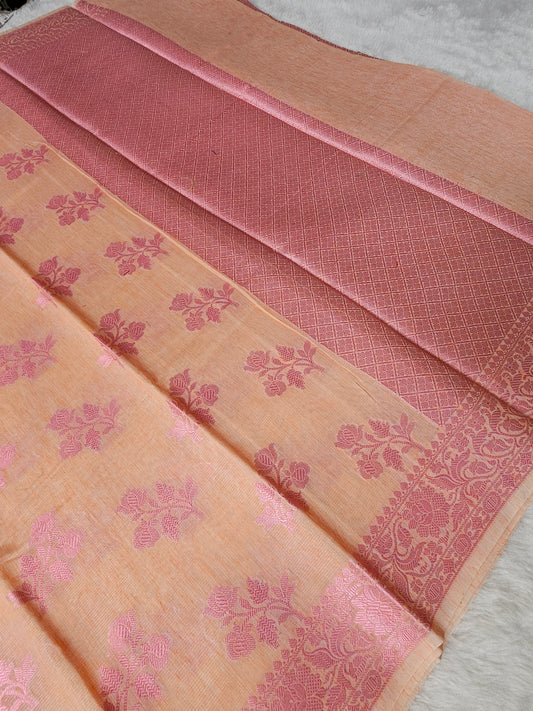 Banarasi Premium Linen Cotton Silk Saree with Peach Body & Pink Floral Woven Border