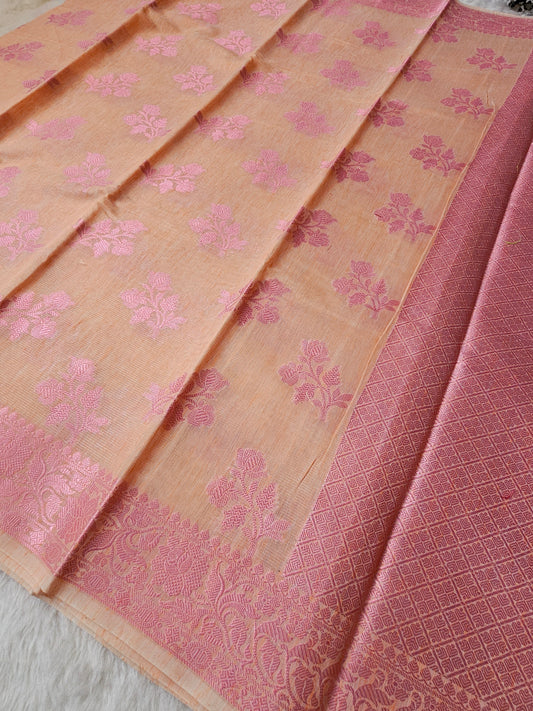 Banarasi Premium Linen Cotton Silk Saree with Peach Body & Pink Floral Woven Border