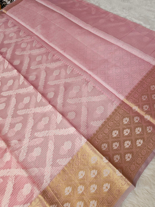 Banarasi Premium Kota Resham Cotton Silk Saree with Peach Floral Weaving & Rich Zari Border