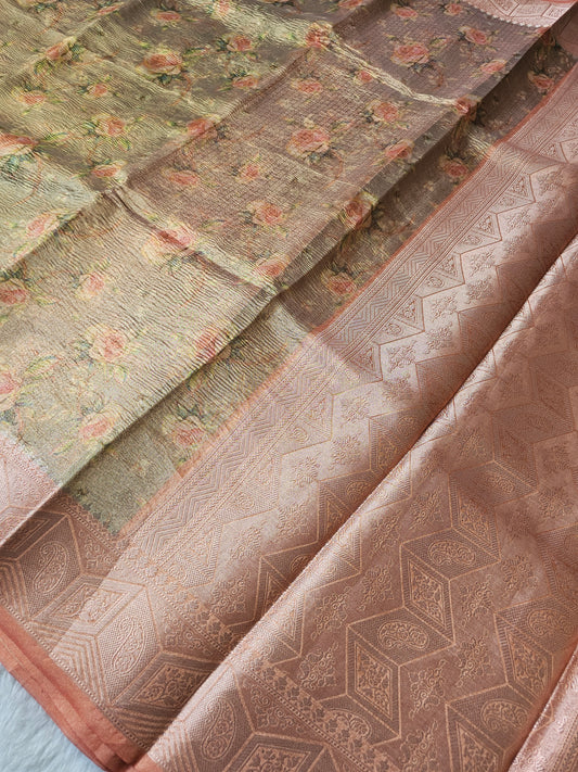 Banarasi Premium Printed Tissue Silk Saree with Rose Floral Print & Self Woven Geometric Pallu