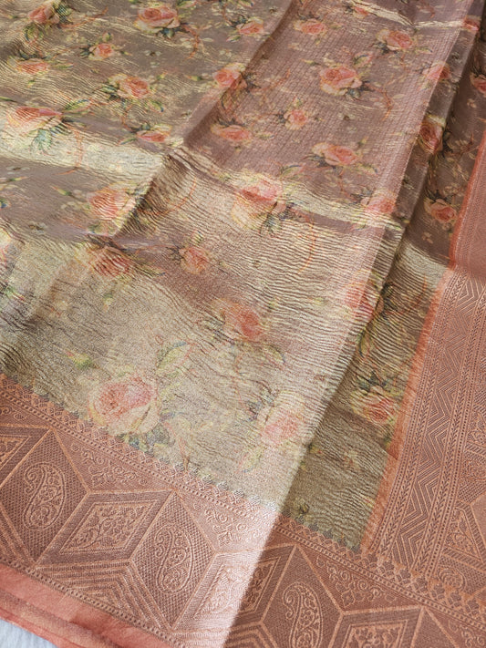 Banarasi Premium Printed Tissue Silk Saree with Rose Floral Print & Self Woven Geometric Pallu