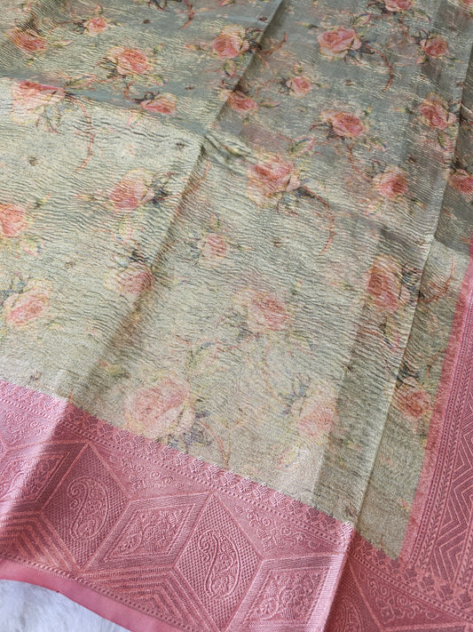 Banarasi Premium Printed Tissue Silk Saree with Vintage Rose Print & Blush Pink Jacquard Pallu