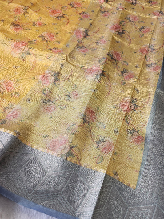 Banarasi Premium Printed Tissue Silk Saree with Vintage Rose Print & Silver Jacquard Pallu