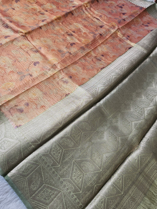 Banarasi Elegant Printed Tissue Silk Saree with Silver Zari Woven Border & Rich Pallu