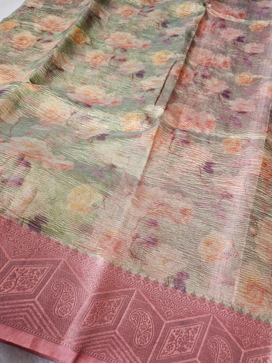Banarasi Premium Printed Tissue Silk Saree with Rose Pink Zari Woven Border & Rich Jacquard Pallu