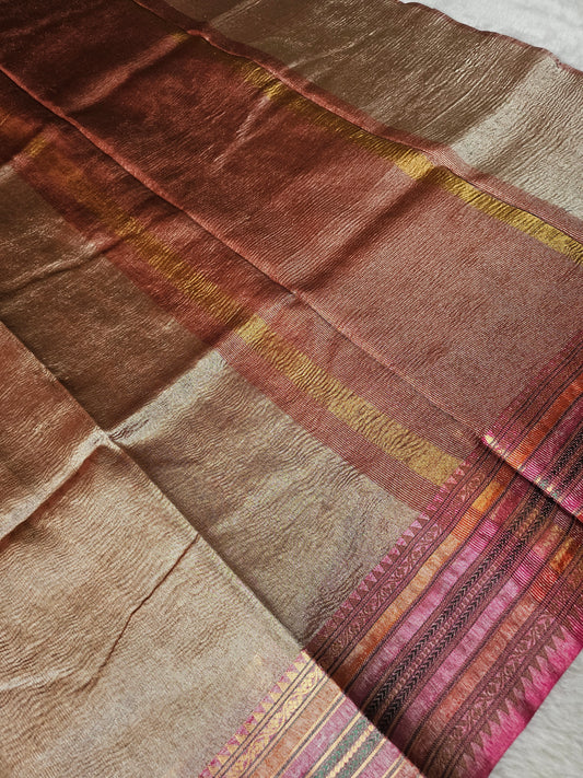 Banarasi Elegant Printed Tissue Silk Saree with Dual-Tone Copper Finish & Traditional Woven Border