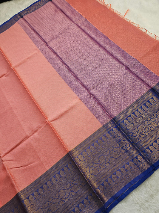Banarasi Premium Cotton Silk Saree with Peach Body & Royal Blue Zari Woven Border