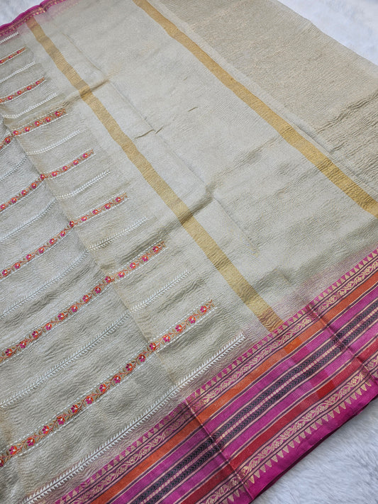 Banarasi Premium Embroidered Tissue Silk Saree with Hand Embroidery & Contrast Woven Border