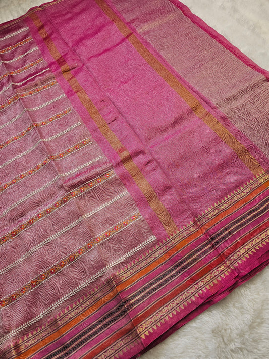 Banarasi Premium Embroidered Tissue Silk Saree with Delicate Floral Embroidery & Contrast Woven Border