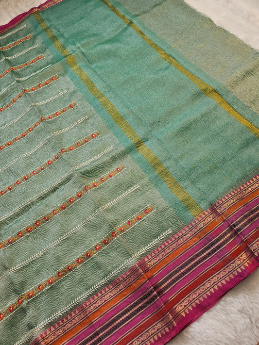 Banarasi Premium Sea Green Embroidered Tissue Silk Saree with Contrast Woven Border