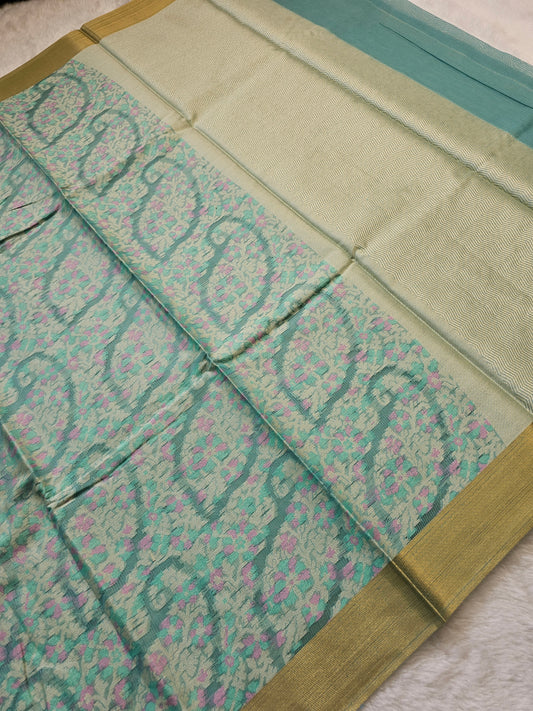 Banarasi Elegant Floral Print Cotton Saree with Aqua Green Body & Golden Border