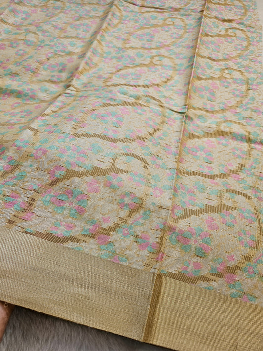 Banarasi Elegant Floral Print Pure Cotton Saree with Golden Border – Cream & Mustard
