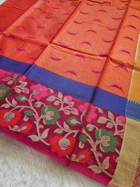 Banarasi Traditional Cotton Silk Saree with Orange Jacquard Weave & Contrast Blue Border