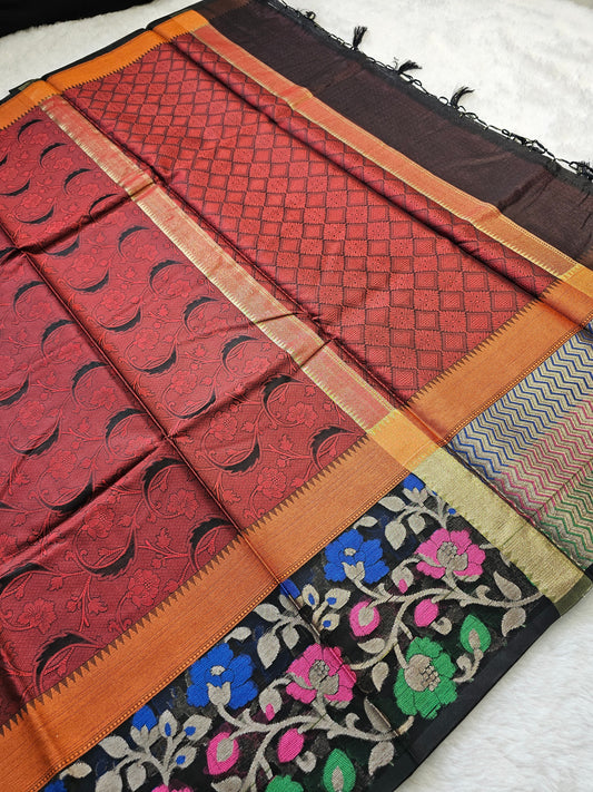 Banarasi Premium Cotton Silk Saree with Maroon Paisley Weave & Multicolor Floral Pallu