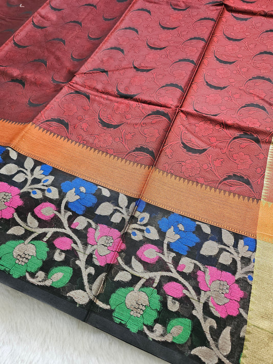 Banarasi Premium Cotton Silk Saree with Maroon Paisley Weave & Multicolor Floral Pallu
