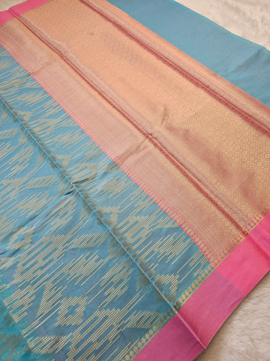 Banarasi Sky Blue Cotton Saree with Gold Woven Floral Design & Pink Zari Border