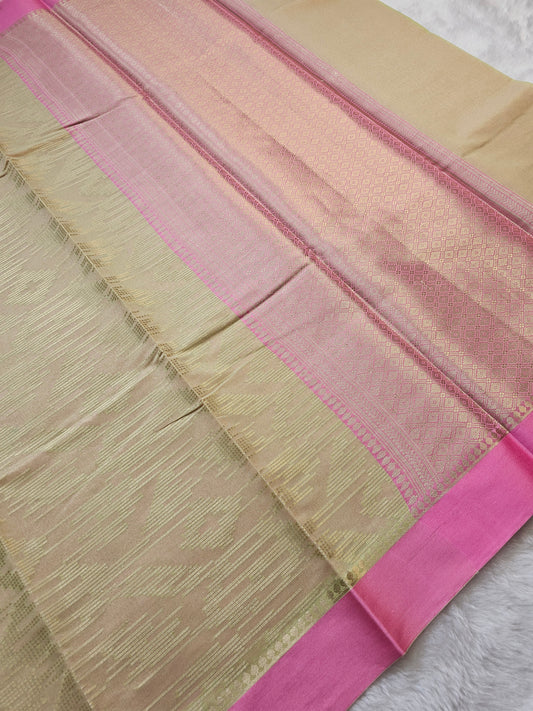 Banarasi Elegant Beige Cotton Saree with Gold Woven Floral Design & Pink Zari Border