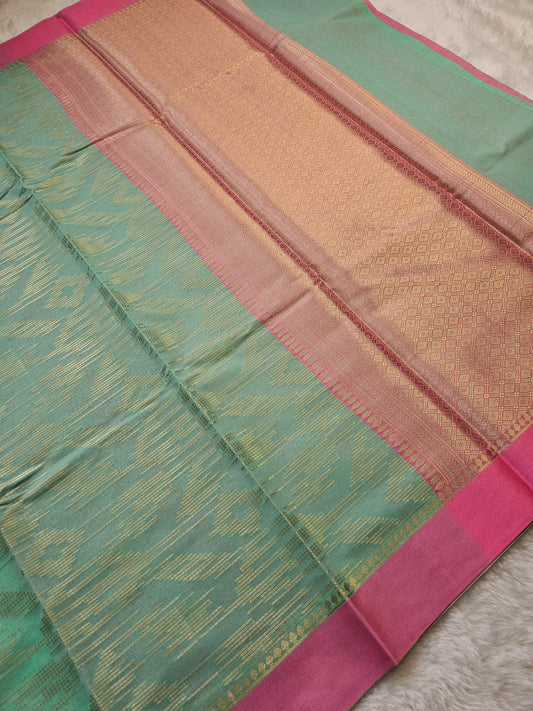 Banarasi Sea Green Cotton Saree with Gold Woven Floral Design & Pink Zari Border