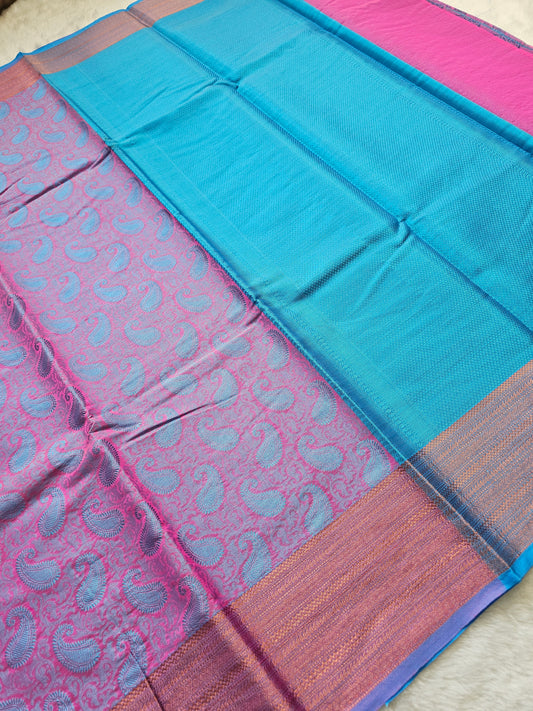 Banarasi Turquoise Blue Cotton Saree with Paisley Woven Pallu & Rich Zari Border