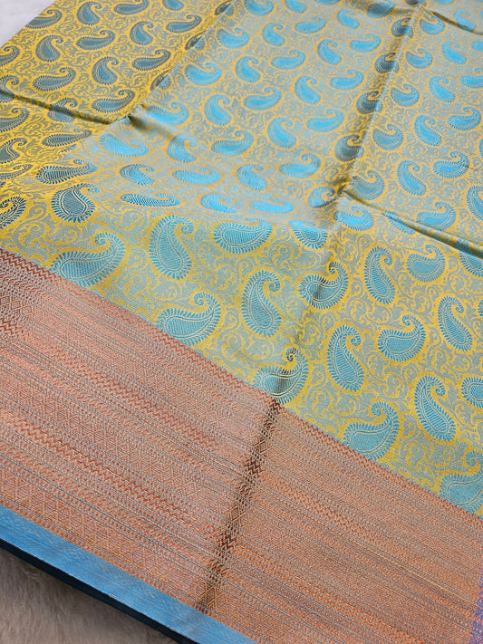 Banarasi Turquoise Blue Cotton Saree with Mustard Paisley Woven Pallu & Rich Zari Border